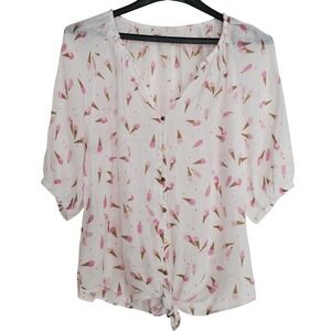 Sheer White Blouse Pink Ice Cream Cone Print 3/4 Sleeve Tie Front Button Up SZ:L